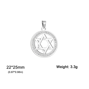 Macro shot of 22x25mm stainless steel star pendant with crystals and sizing details