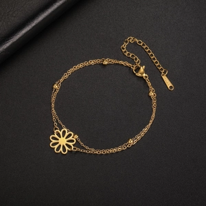 Double-layered stainless steel bead chain bracelet with a cutout sunflower pendant