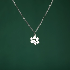 Macro view of silver stainless steel paw pendant necklace with custom name engraving