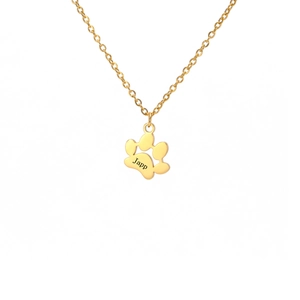 Custom gold paw pendant necklace with engraved name on minimalist stainless steel chain