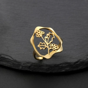 Bague ouverte élégante en acier inoxydable doré avec motifs floraux découpés