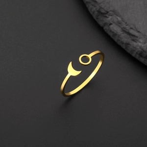 Gold adjustable stainless steel open ring featuring minimalist moon and sun hollow design