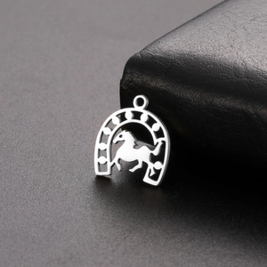 Polished silver stainless steel horseshoe and galloping horse pendant with hanging ring