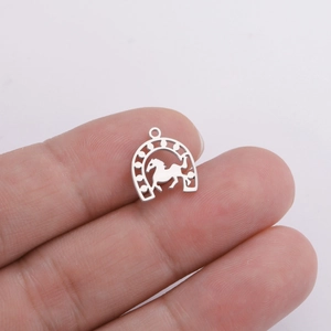 Silver stainless steel horseshoe pendant with running horse for DIY jewelry making