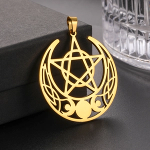 Macro detail of golden triple moon pentagram pendant with intricate Celtic knot patterns
