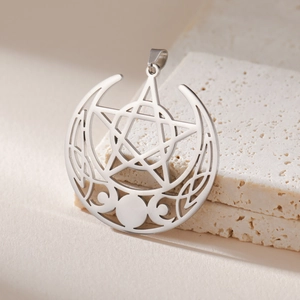 Detail of silver stainless steel triple moon pentagram pendant on stone base