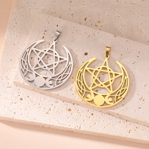 Stainless Steel Triple Moon Goddess Pentagram Pendant Vintage Wiccan Celtic Knot Crescent Moon Charm For DIY Jewelry Making Accessories
