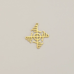 Detailed macro view of a golden stainless steel Viking Vegvisir compass pendant charm