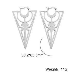 Gothic hollow inverted triangle earrings with cross and moon motifs in silver finish