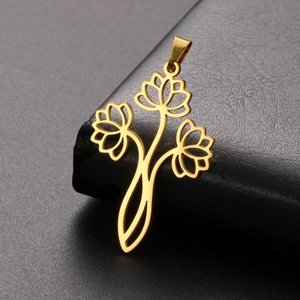 Detail of gold stainless steel pendant featuring three hollow lotus flowers on black leather
