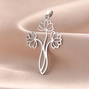 Minimalist stainless steel hollow three-lotus flower pendant on champagne silk fabric