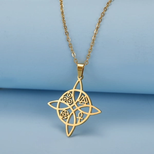 Golden stainless steel Celtic knot cross pendant necklace with mystic symbols on blue background