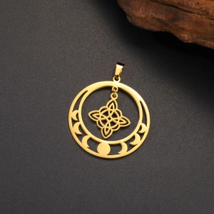 Gold stainless steel witch's knot pendant with lunar phases and lotus engraving