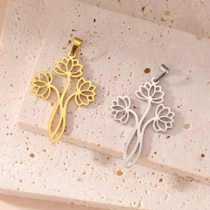 Detailed view of hollow lotus flower pendants in gold and silver stainless steel