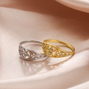 Gold and silver stainless steel rings with hollow pentagram and Celtic knot designs