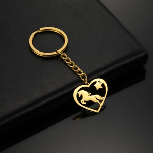 Porte-clés cœur en acier doré avec pendentif licorne et étoile sur cuir noir