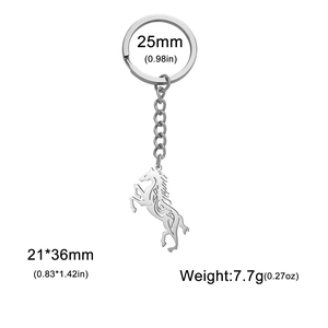 Polished stainless steel Celtic horse pendant keychain with size and weight measurements