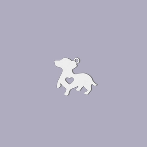Detailed view of dachshund charm with heart cutout in polished stainless steel finish