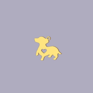Polished gold dachshund pendant with hollow heart detail on a purple background