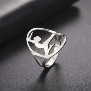 Minimalist silver stainless steel ring featuring a cutout gymnastics athlete silhouette