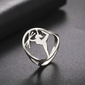 Elegant stainless steel ring featuring a cutout silhouette of a female gymnast athlete