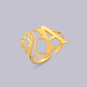 Gold stainless steel open ring with artistic hollow A-letter and female face silhouette