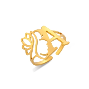 Gold stainless steel open ring with cutout letter A, female portrait, and lotus pattern