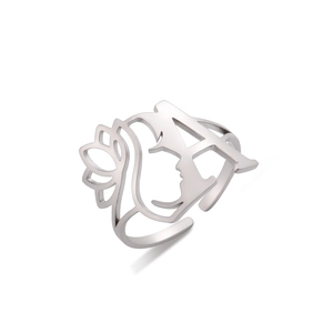 Detailed view of silver hollowed-out ring featuring an 'A' letter and side profile face