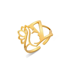 Detail view of gold stainless steel open ring featuring hollow female profile and lotus