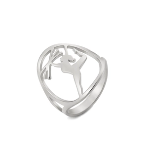Hollow stainless steel ring featuring a graceful gymnast dancer silhouette on a white background
