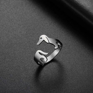 Polished stainless steel dachshund open ring with adjustable animal wrap design