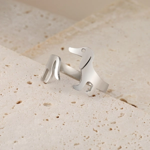 Minimalist dachshund shaped adjustable open ring in silver stainless steel finish