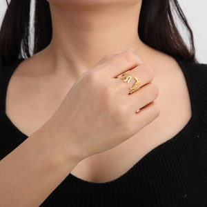 Macro detail of golden dachshund dachshund adjustable open ring on model finger