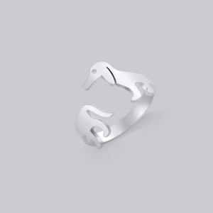 Detail view of the adjustable silver stainless steel dachshund puppy dog open ring