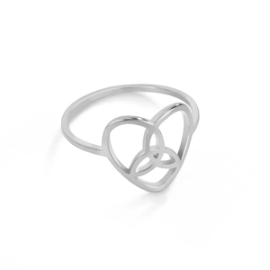 Detailed close-up of a silver Celtic knot heart ring with a polished triquetra design