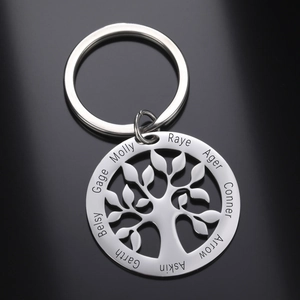 Detail of custom tree of life keychain with laser engraved names on polished steel
