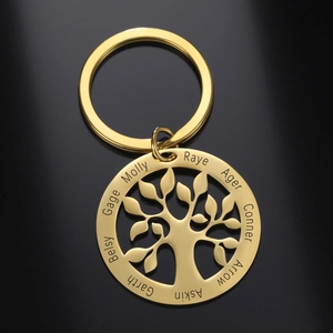 Detailed close-up of golden Tree of Life keychain with custom laser-engraved names