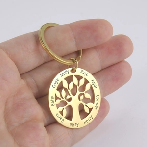 Detailed close-up of a gold-plated Tree of Life keychain with custom name engravings