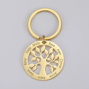 Detail of custom gold tree of life keychain with personalized names engraved on the ring