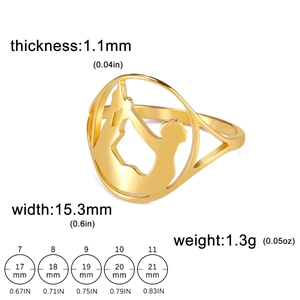 Golden stainless steel yoga silhouette ring with precise size dimensions and weight specifications