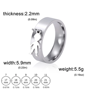 Polished stainless steel ring with boy silhouette pendant and dimension size chart