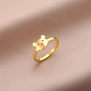 Bague en Acier Inoxydable Creuse Tête d'Ours Minimaliste Bague Visage Animal Mignonne pour Femmes Bijoux Couleur Or Argent
