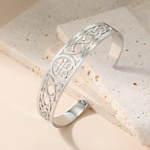 Retro stainless steel open cuff bracelet with Celtic knots and round totem engraving