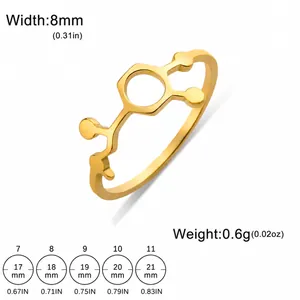 Size guide for gold geometric stainless steel ring showing 8mm width and diameters