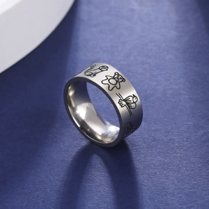 Stainless Steel Animal Pattern Ring Etched Cartoon Bear Cat Band Ring Unisex Minimalist Wide Finger Jewelry Gift