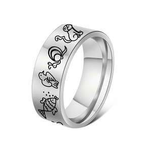 Macro detail of 8mm stainless steel ring with black etched animal icons and polished finish