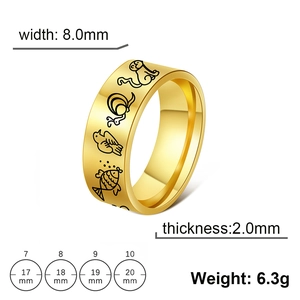 Detail view of 8mm wide stainless steel ring with black animal engraving patterns