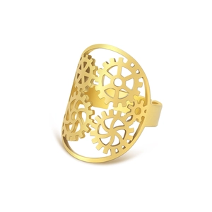 Vue détaillée de la bague en acier plaqué or 18K avec motifs engrenages et anneau ouvert