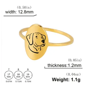 18K gold plated stainless steel dog ring with oval surface and size chart dimensions