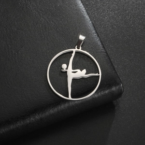 Polished silver stainless steel rhythmic gymnastics pendant with silhouette cutout